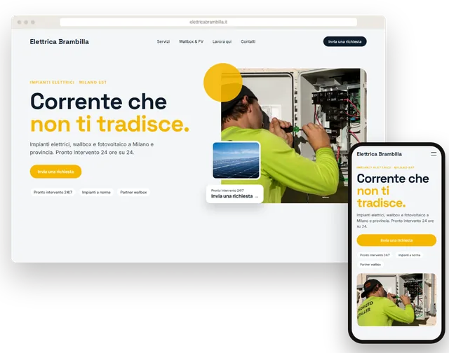 Sito web di esempio per un elettricista con servizi e pronto intervento, su portatile e smartphone