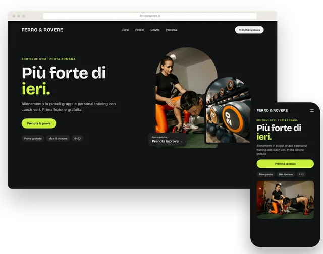 Sito web di esempio per una palestra con orario corsi e prova gratuita, su portatile e smartphone