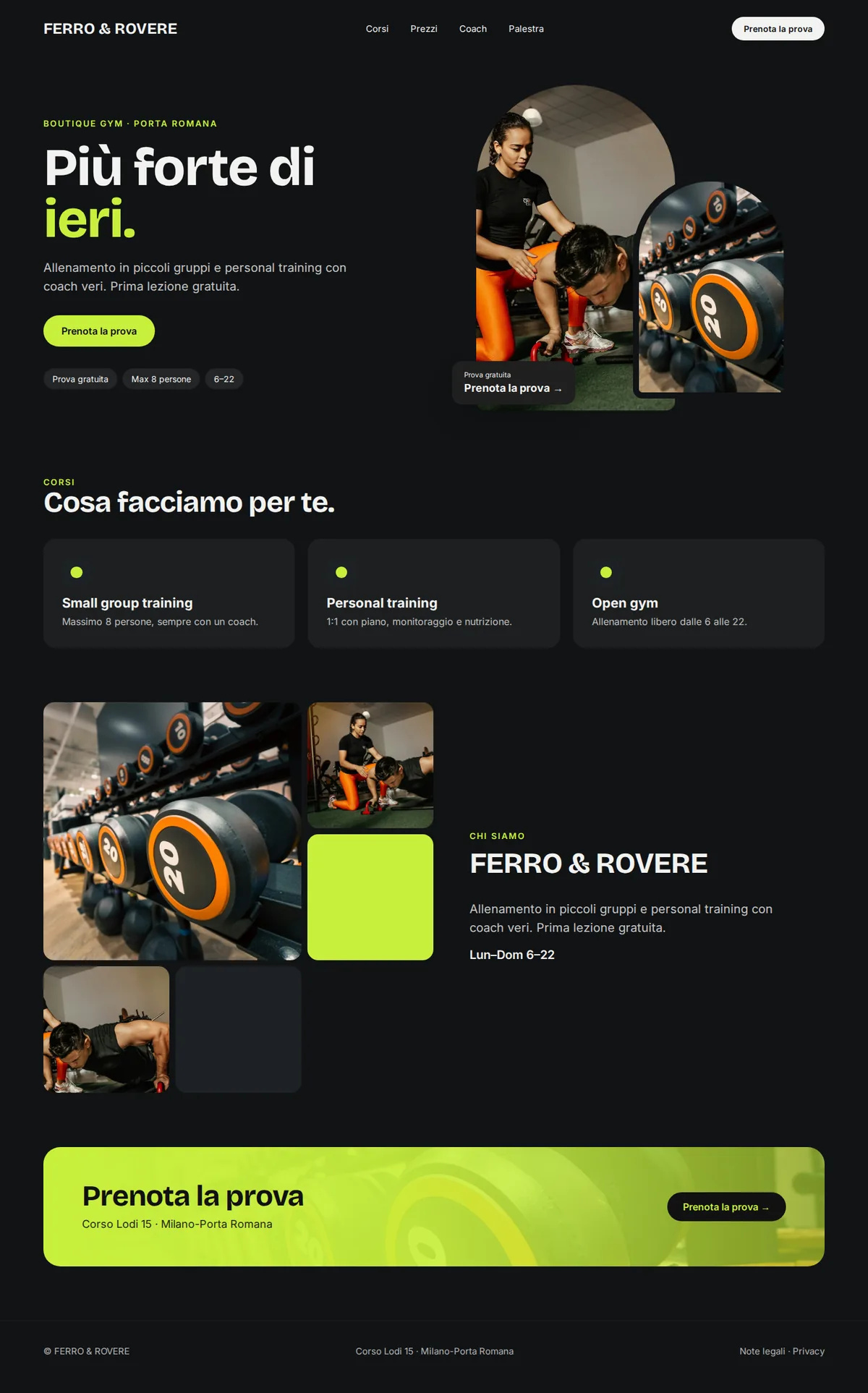 Sito web di esempio completo per palestre e personal trainer su desktop: FERRO & ROVERE