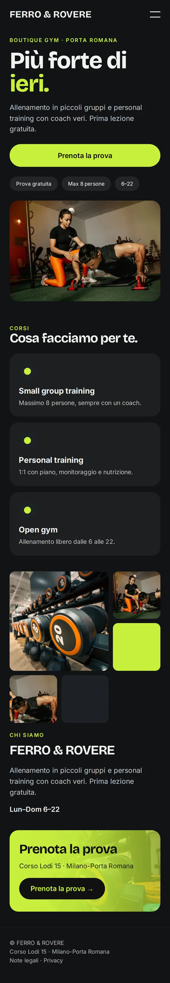 Versione mobile del sito web di esempio per palestre e personal trainer