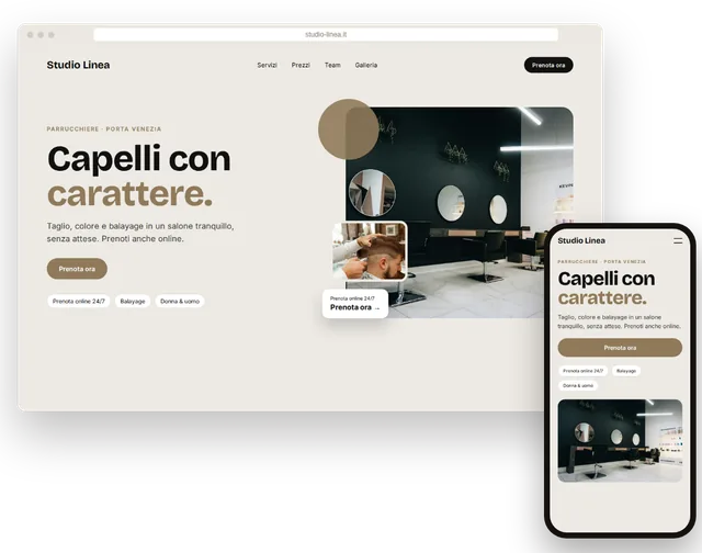 Sito web di esempio per un parrucchiere con prenotazione online, su portatile e smartphone
