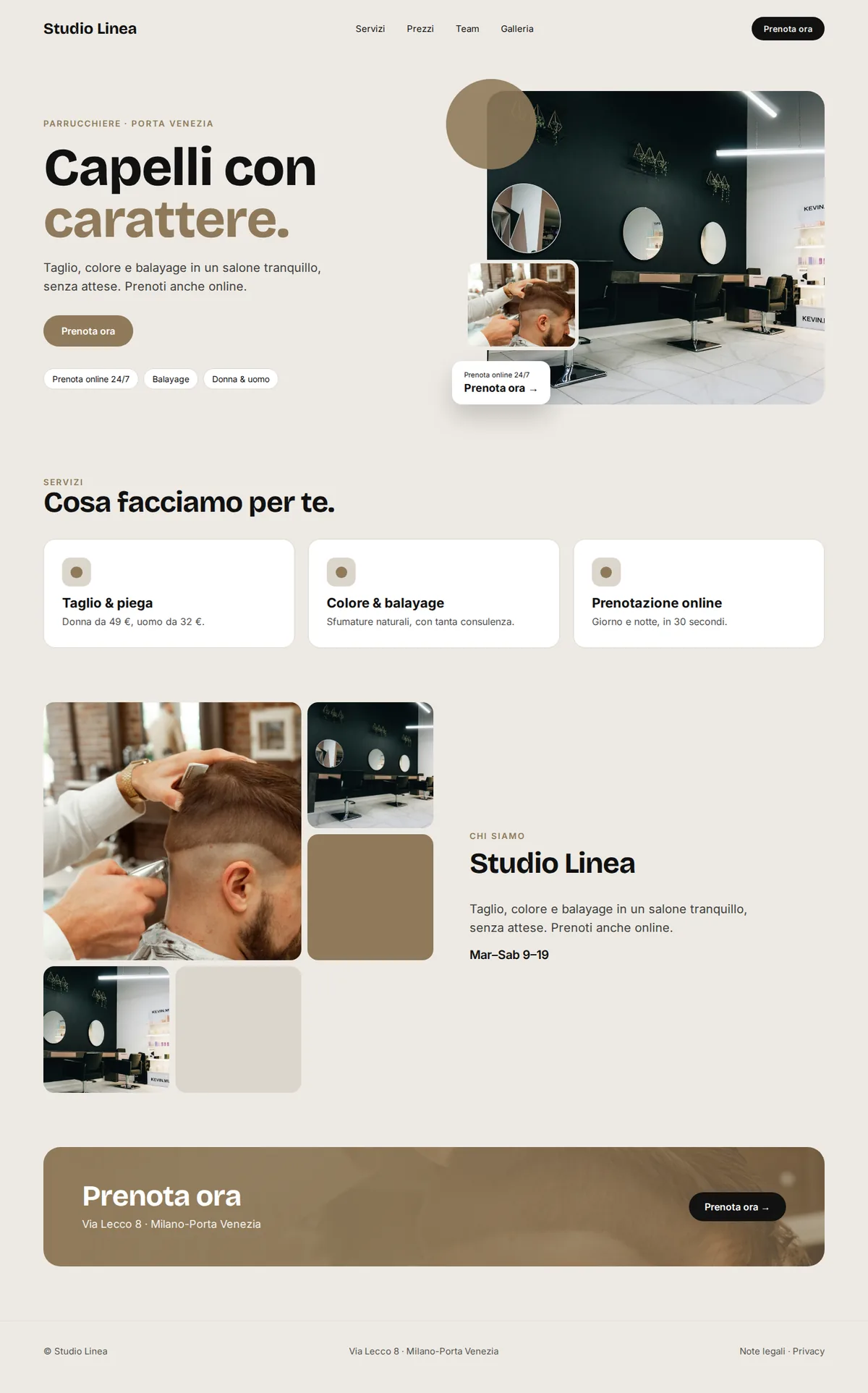 Sito web di esempio completo per parrucchieri e barbieri su desktop: Studio Linea
