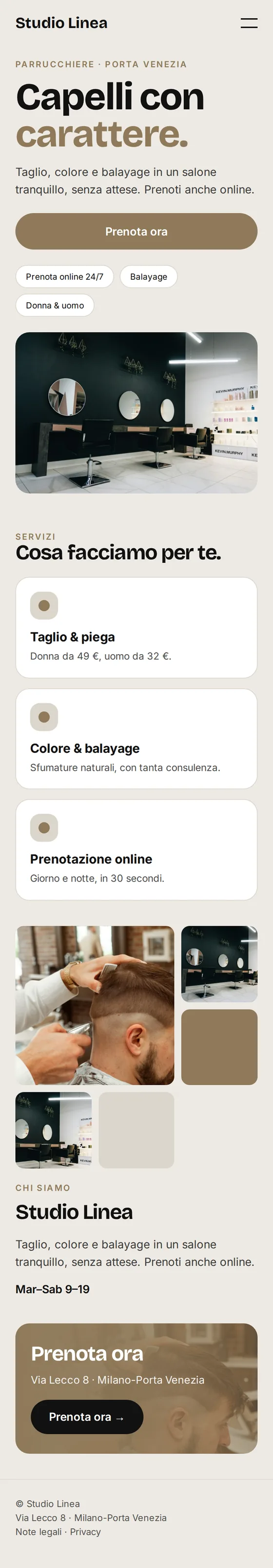 Versione mobile del sito web di esempio per parrucchieri e barbieri