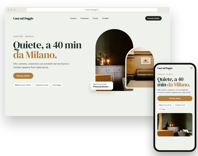 Sito web di esempio per un B&B con prenotazione diretta, su portatile e smartphone