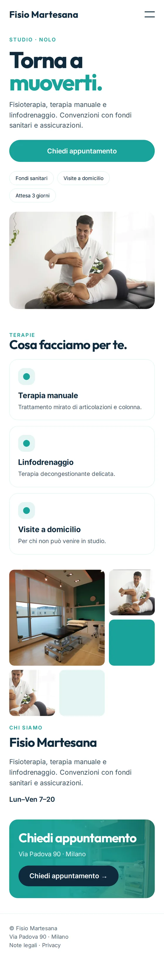 Versione mobile del sito web di esempio per studi di fisioterapia