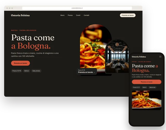 Sito web di esempio per un ristorante con prenotazione online, su portatile e smartphone
