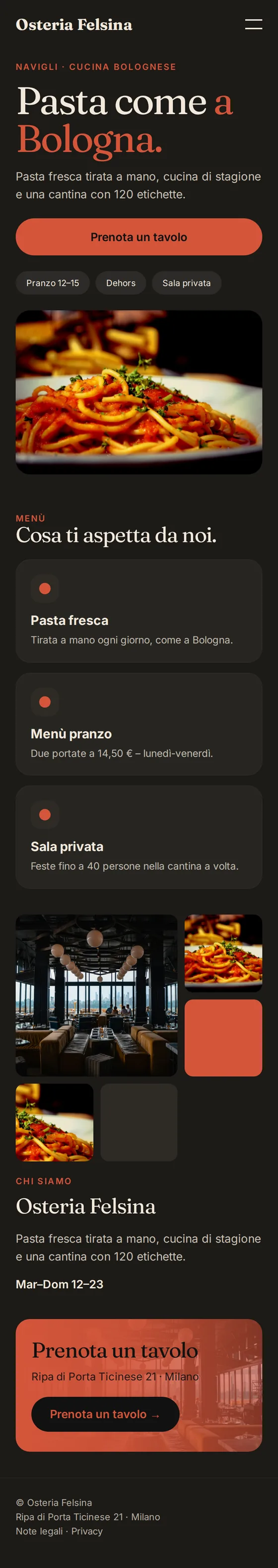 Vista mobile del sito di esempio dell'Osteria Felsina
