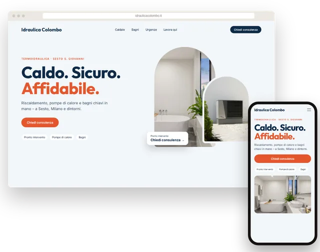 Sito web di esempio per un idraulico con pronto intervento, su portatile e smartphone