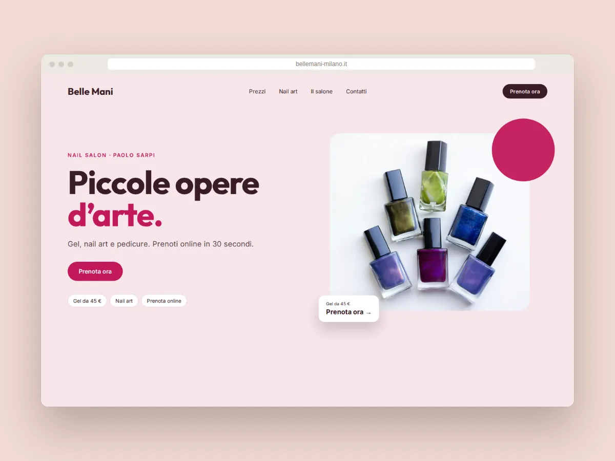 Progetto di sito web per il nail salon Belle Mani a Milano, con smalti colorati e pulsante «Prenota ora»