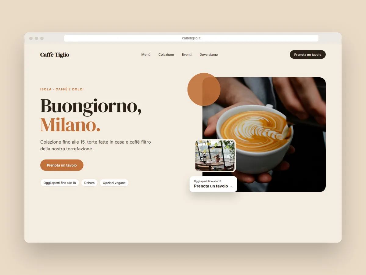 Progetto di sito web per il Caffè Tiglio a Milano, con cappuccino e titolo «Buongiorno, Milano.»