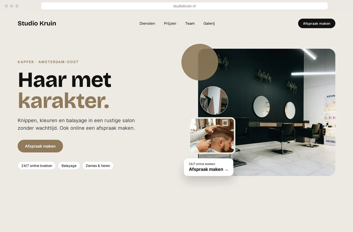 Moderne website van kapper Studio Kruin in Amsterdam-Oost met een heldere boodschap en online afspraken maken