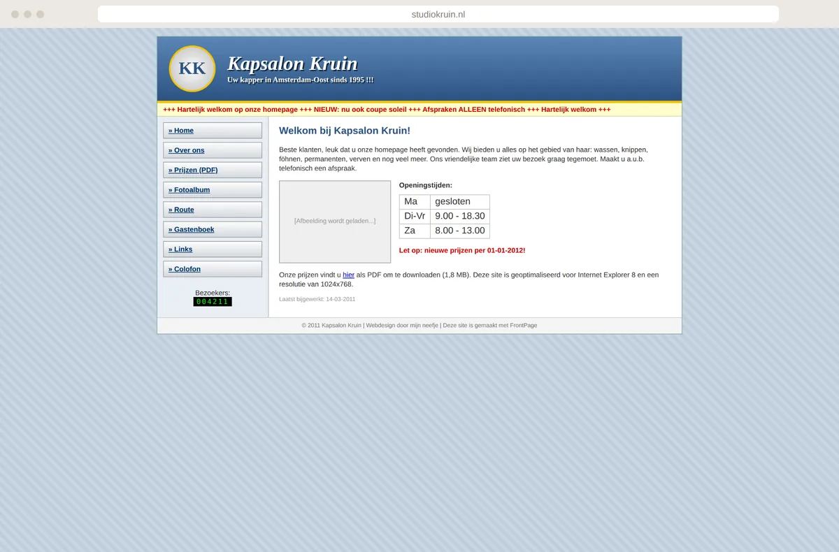 Verouderde website van Kapsalon Kruin uit 2011 met bezoekersteller, lichtkrant en prijslijst als pdf