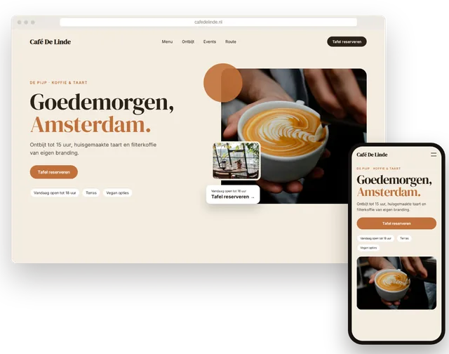 Voorbeeldwebsite voor een koffiebar met menukaart en openingstijden op laptop en smartphone