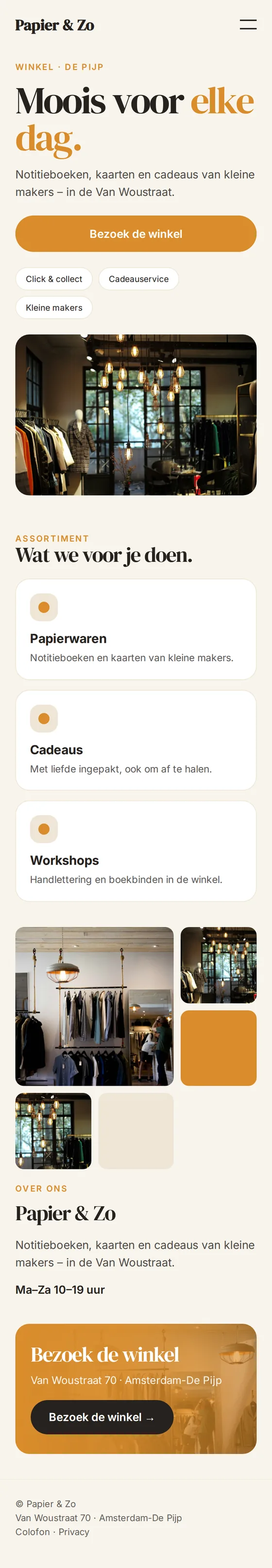 Mobiele weergave van de voorbeeldwebsite voor winkels