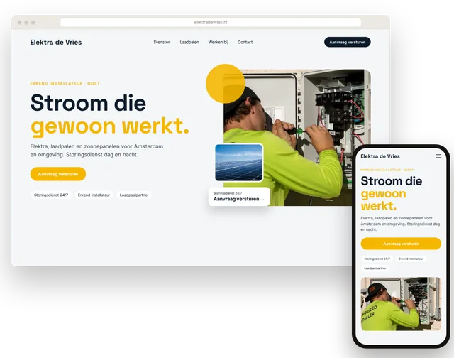 Voorbeeldwebsite voor een elektricien met aanvraagformulier en storingsnummer