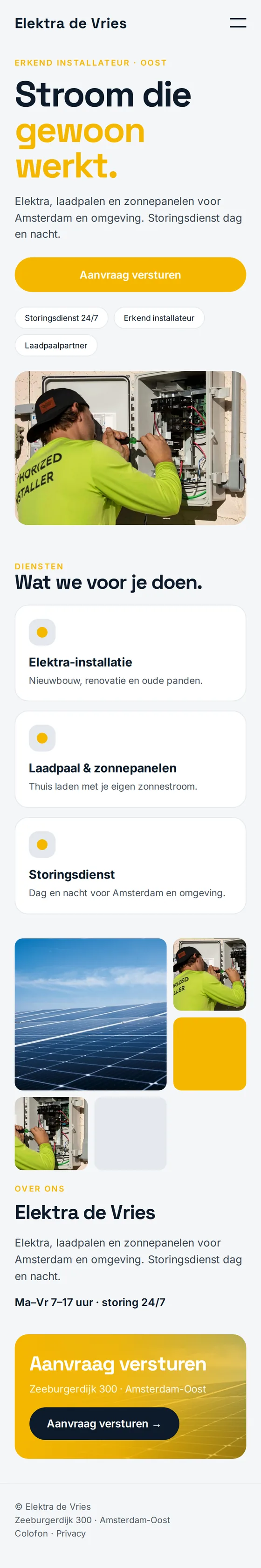 Mobiele weergave van de voorbeeldwebsite voor elektriciens