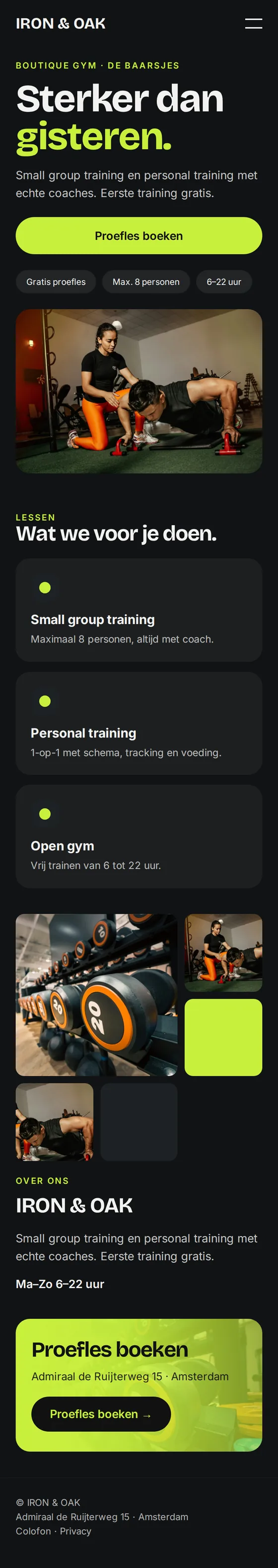 Mobiele weergave van de voorbeeldwebsite voor sportscholen en personal trainers
