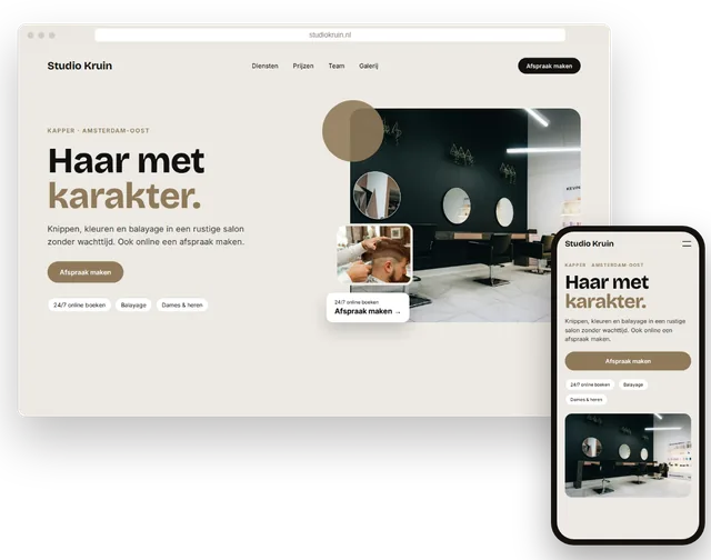 Voorbeeldwebsite voor een kapsalon met online afspraken maken op laptop en smartphone