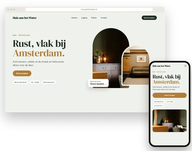 Voorbeeldwebsite voor een B&B met direct boeken op laptop en smartphone