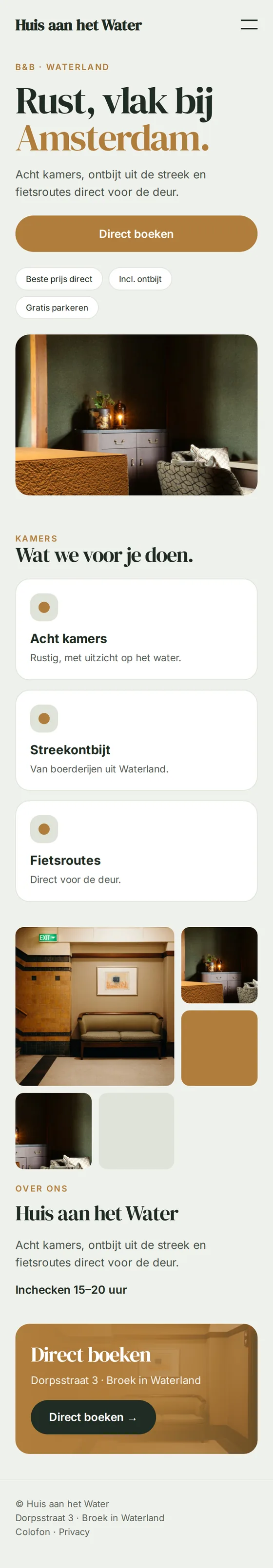 Mobiele weergave van de voorbeeldwebsite voor hotels, B&B's en vakantiewoningen