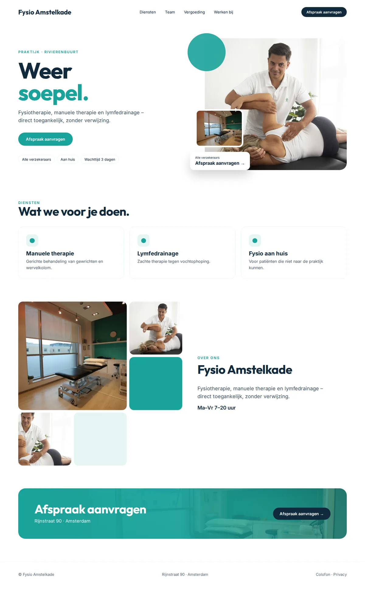 Complete voorbeeldwebsite voor fysiotherapiepraktijken op desktop: Fysio Amstelkade