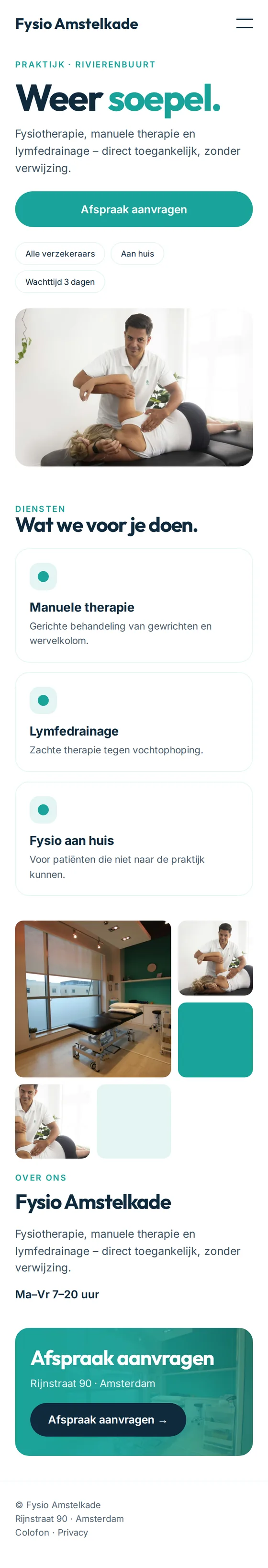 Mobiele weergave van de voorbeeldwebsite voor fysiotherapiepraktijken
