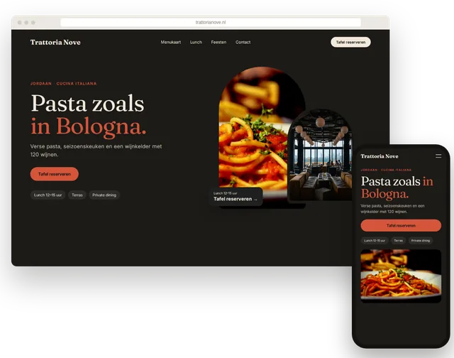 Voorbeeldwebsite voor een restaurant met menukaart en reserveerknop op laptop en smartphone
