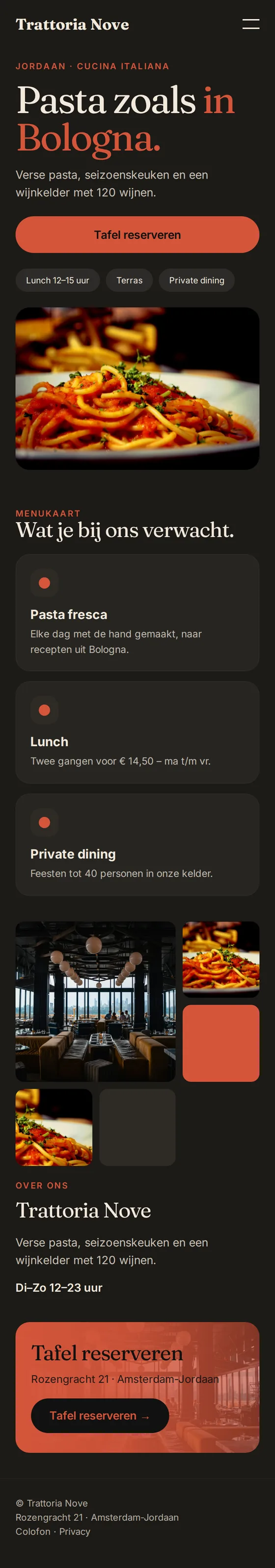Mobiele weergave van de voorbeeldwebsite van Trattoria Nove