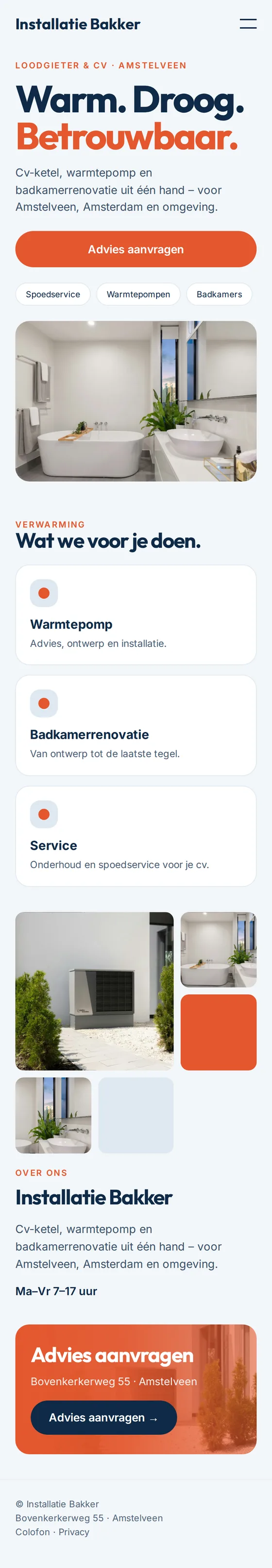 Mobiele weergave van de voorbeeldwebsite voor loodgieters en installateurs