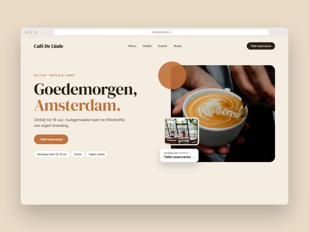 Websiteontwerp voor Café De Linde in De Pijp met ontbijt, taart, openingstijden en een reserveerknop