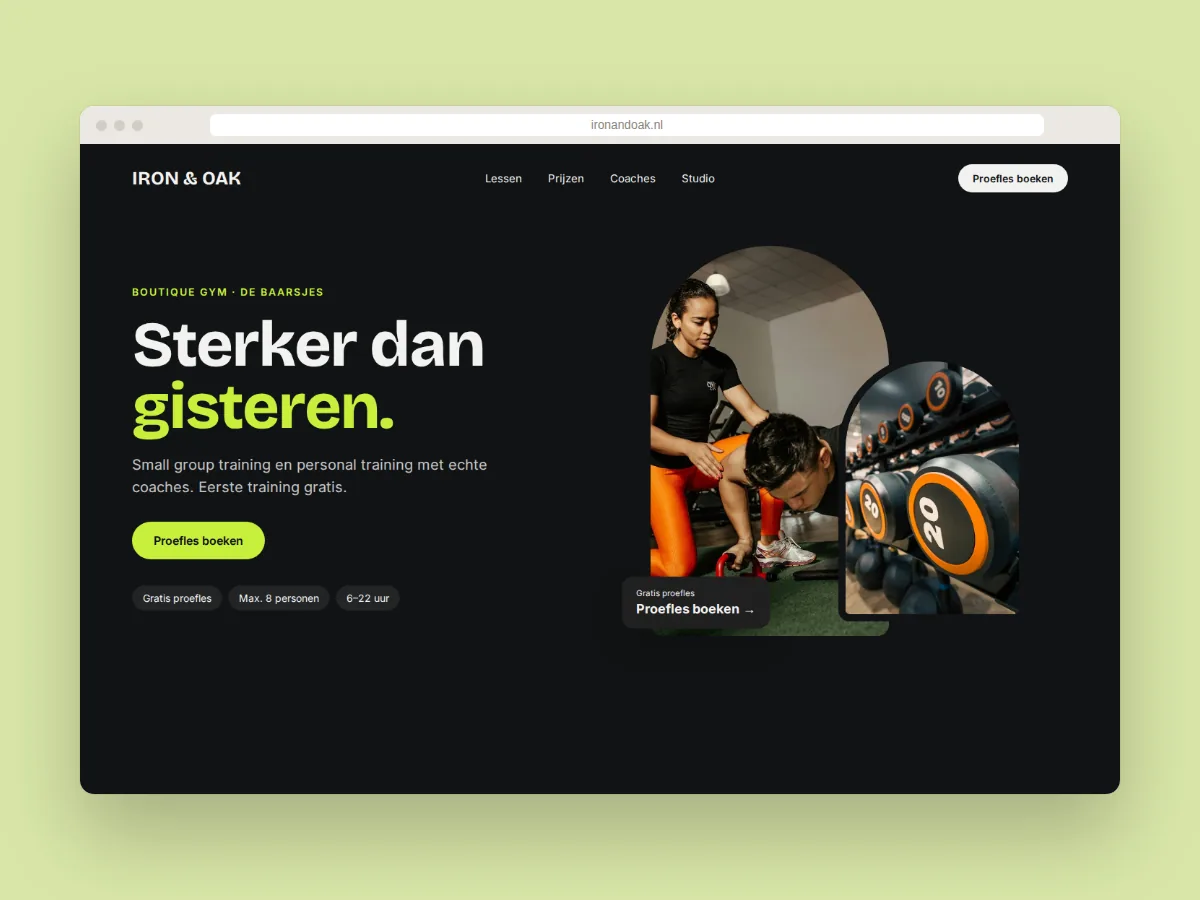 Websiteontwerp voor boutique gym IRON & OAK in De Baarsjes met small group training en proefles boeken
