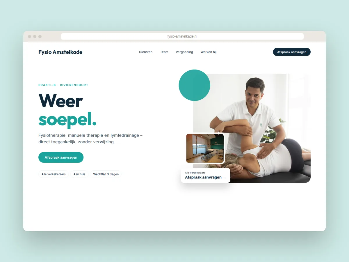 Websiteontwerp voor fysiotherapiepraktijk Fysio Amstelkade in Amsterdam met behandelingen en online afspraak aanvragen