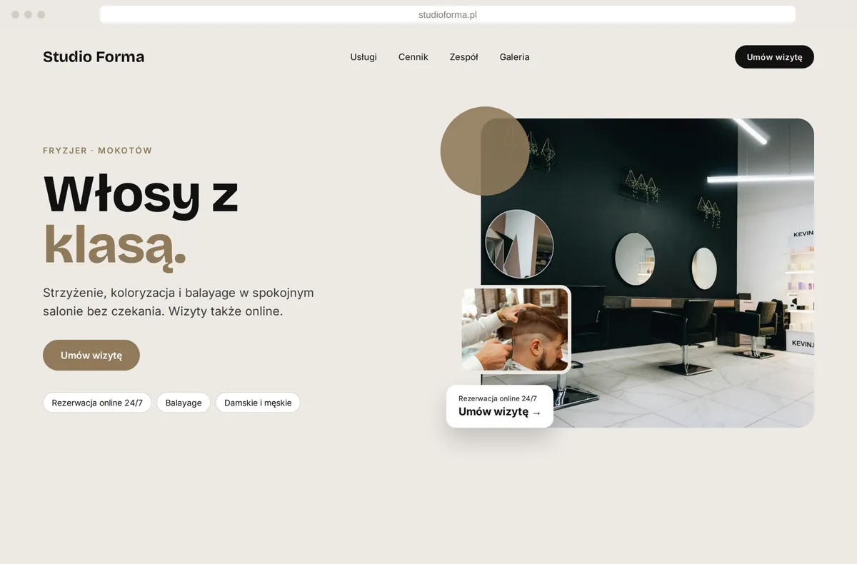 Nowoczesna strona salonu fryzjerskiego z jasnym przekazem i rezerwacją online