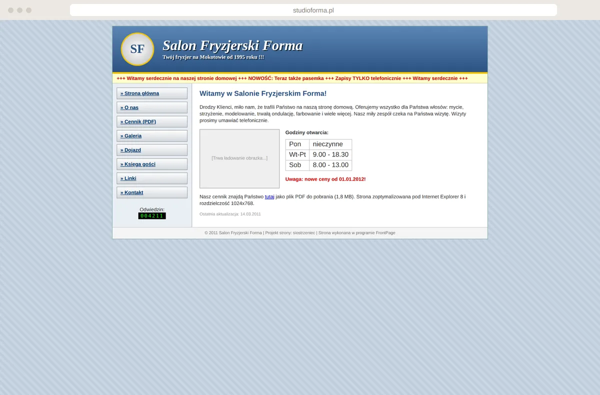 Przestarzała strona salonu fryzjerskiego z licznikiem odwiedzin, przewijanym tekstem i cennikiem w PDF