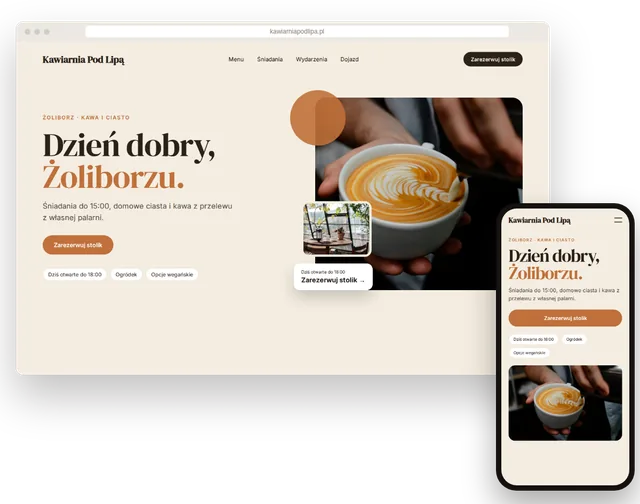 Przykładowa strona kawiarni z menu i godzinami otwarcia na laptopie i smartfonie