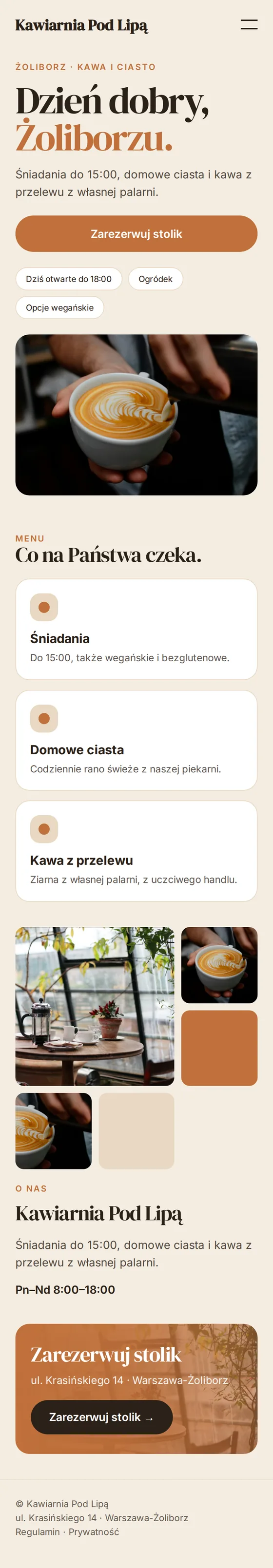 Widok mobilny przykładowej strony dla kawiarni