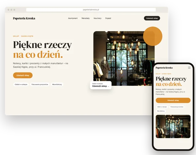 Przykładowa strona butiku z asortymentem i godzinami otwarcia na laptopie i smartfonie