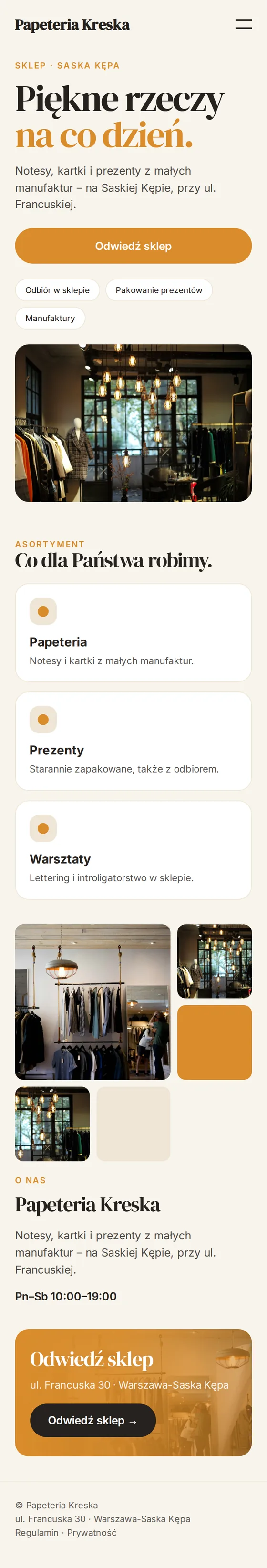 Widok mobilny przykładowej strony dla sklepów stacjonarnych