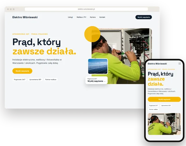 Przykładowa strona elektryka z usługami i przyciskiem połączenia na laptopie i smartfonie