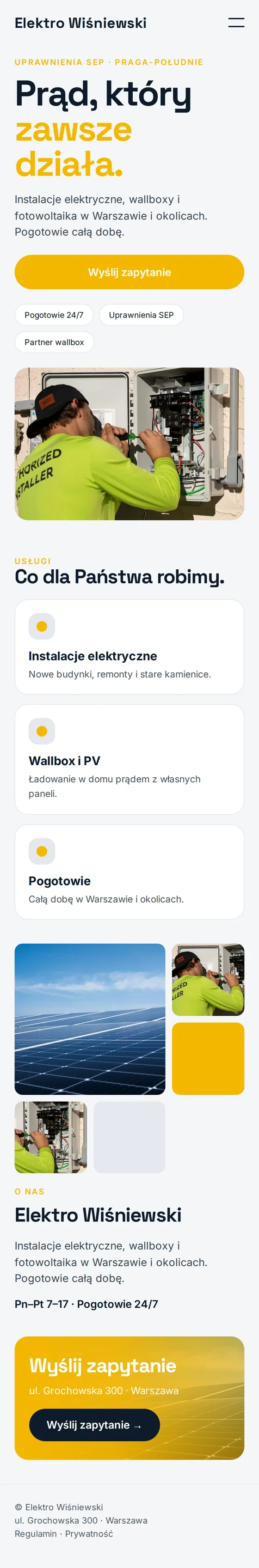 Widok mobilny przykładowej strony dla elektryków i firm elektroinstalacyjnych