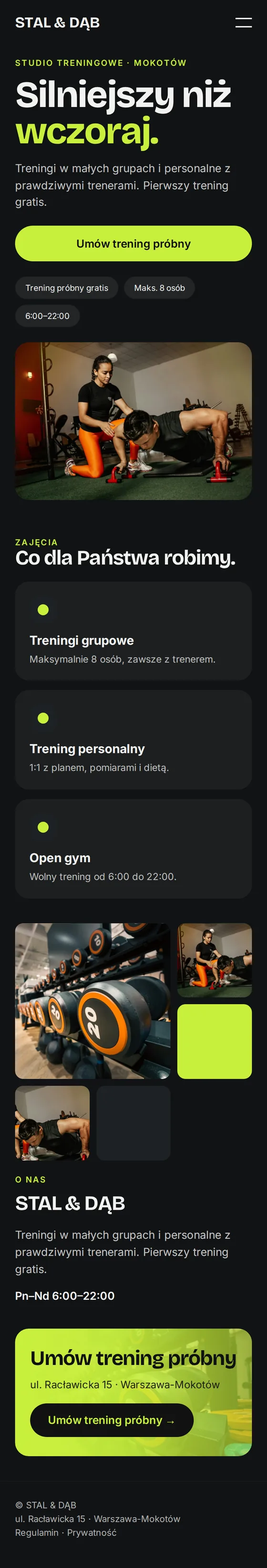 Widok mobilny przykładowej strony dla siłowni, klubów fitness i trenerów personalnych