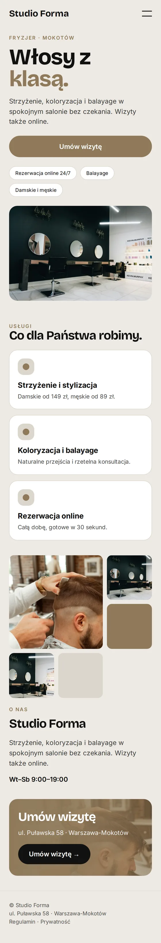Widok mobilny przykładowej strony dla salonów fryzjerskich