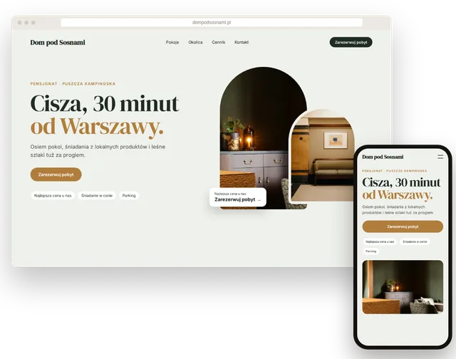 Przykładowa strona małego hotelu z listą pokoi i przyciskiem rezerwacji na laptopie i smartfonie
