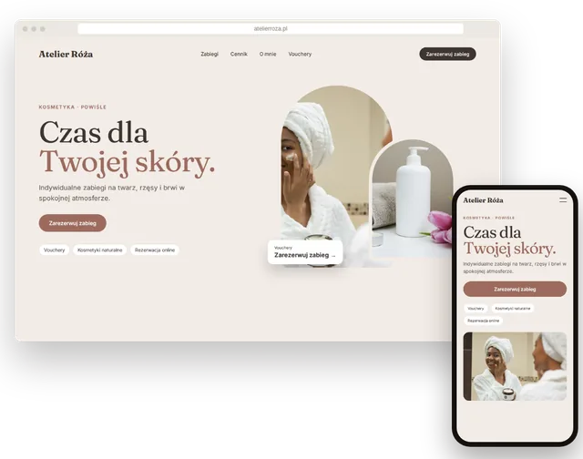 Przykładowa strona salonu kosmetycznego z listą zabiegów na laptopie i smartfonie