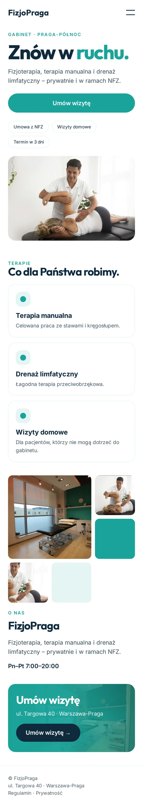 Widok mobilny przykładowej strony dla gabinetów fizjoterapii
