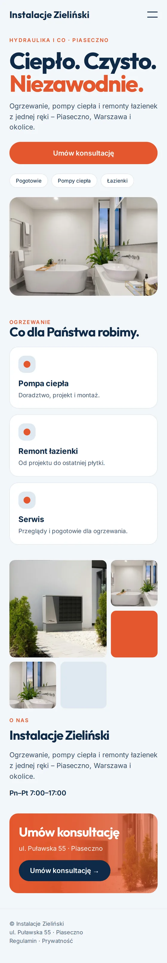 Widok mobilny przykładowej strony dla hydraulików i firm instalacyjnych