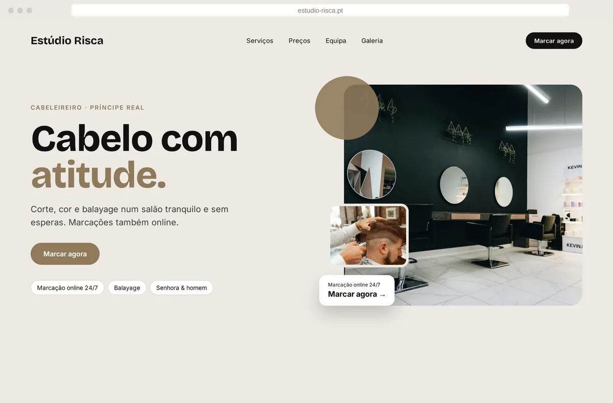 Site moderno do Estúdio Risca, com o título “Cabelo com atitude.” e marcação online