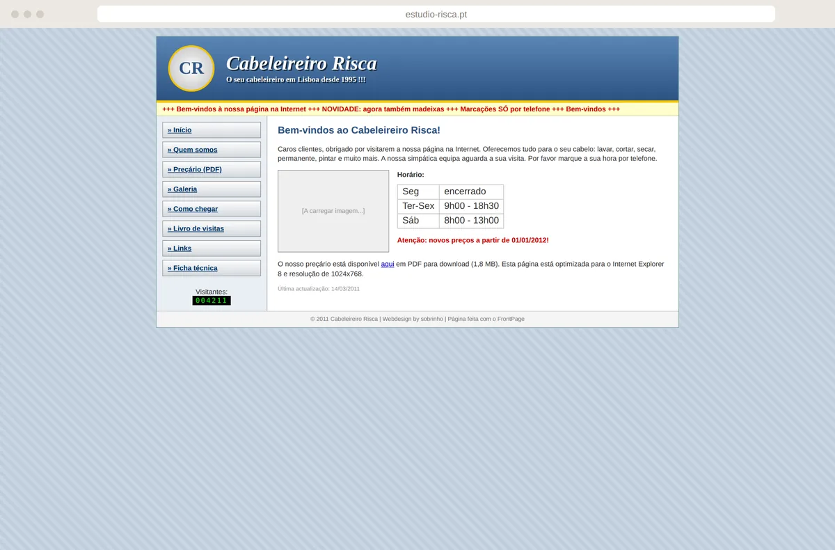 Site antigo do Cabeleireiro Risca, de 2011, com contador de visitas, texto a deslizar e preçário em PDF