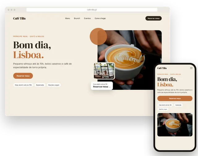 Site de exemplo de um café com menu e horário num portátil e num telemóvel