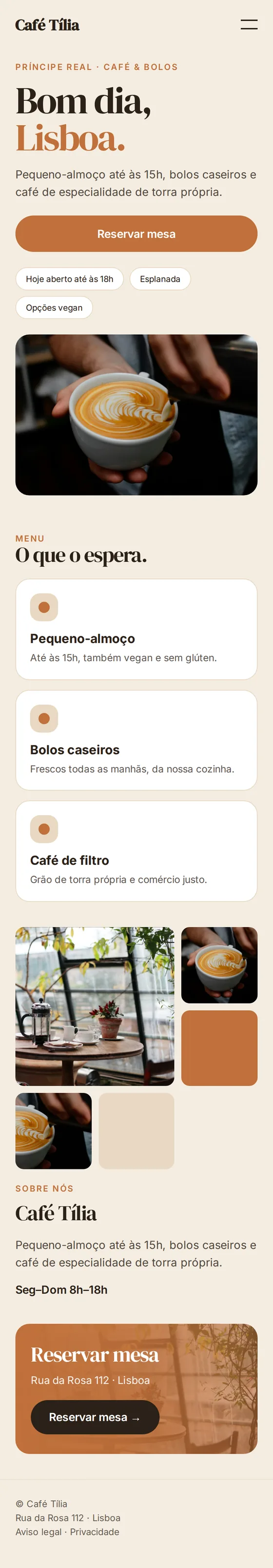 Versão para telemóvel do site de exemplo para cafés e pastelarias